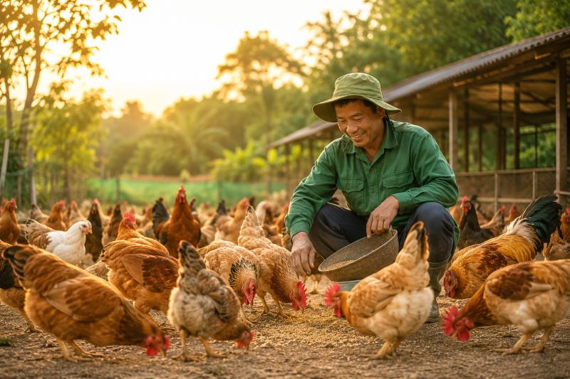 Kỹ thuật viên Trại Giống Thu Hà cho đàn gà ăn tại trang trại